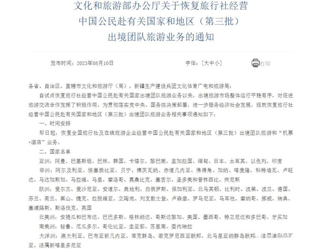 出境团队旅游业务】恢复旅行社经营中国公民出境团队旅游业务
